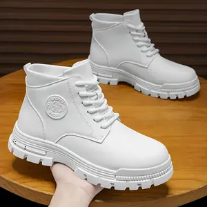 Men's High-Top Winter Snow Boots - Heavy-Duty & PVC Sole, Lace-Up Ankle, Cushioned Insole, White All-Terrain Boots for Hiking, Outdoor, Casual & Formal Wear Durable PU Upper, and Comfortable Fabric Lining for Cold Weather, Ideal for Autumn