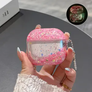 Luminous Glow in the Dark Double Layer Thick Hard Acrylic Quicksand Glitter Clear Case For Apple for AirPods 4 / 3 / 2 / 1 / Pro 3 / Pro 2 / Pro Earbuds Earphones Headphones Case Shockproof Noctilucent Flowing Flower Glitter Sparkle Liquid Cover Keychain