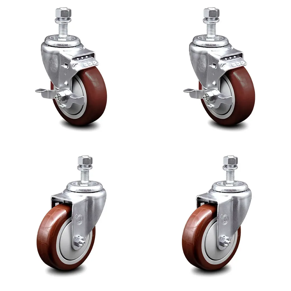 212 MAIN Lockable Polyurethane Swivel Threaded Stem Caster Set of 4 (Model SCC-TS20S414-PPUB-MRN-TLB-M1215-2-S-2) - 4 x 1.25 in. Non-Marring Maroon Wheels, 12 mm Stems, 2 with Top Locking Brake, 1400 lbs Capacity, for Hard Surfaces, Shop Projects