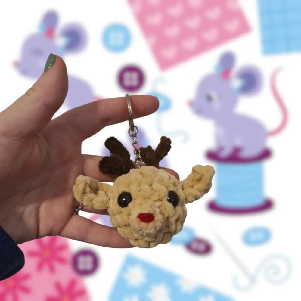 Crochet brown red nose reindeer keyring - super soft with safety eyes and keychain