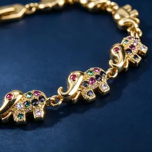 14K Gold Plated Multi-Color Cubic Zirconia Elephant Link Bracelet, Sparkling Rainbow Crystal Lucky Charm Jewelry, Waterproof Anti-Tarnish Stackable Wrist Accessory,  Trending Boho Ethnic Style, Perfect Birthday Anniversary Holiday Gift for Women & Girls
