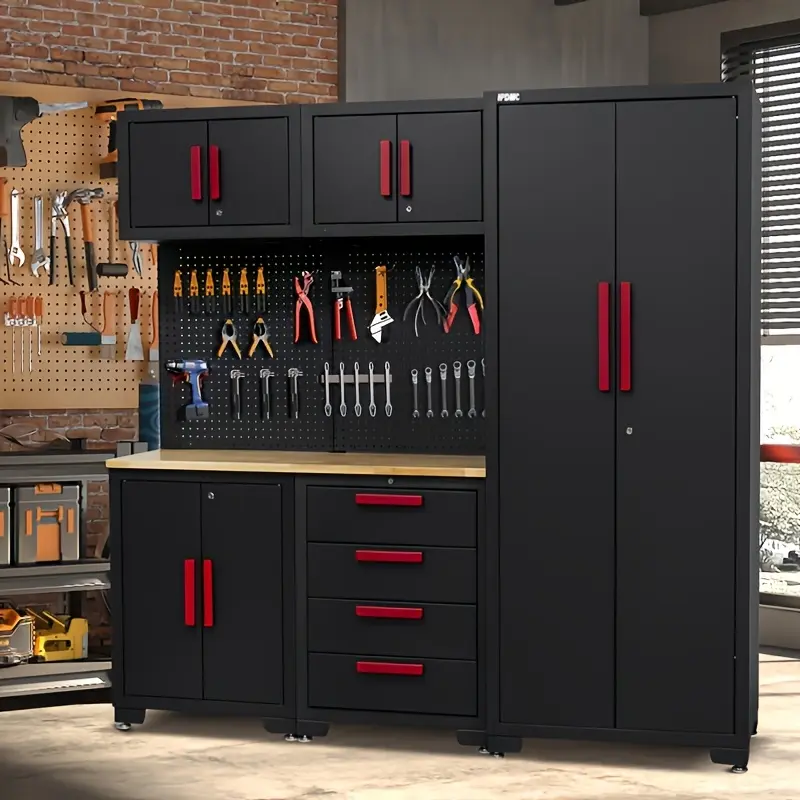 Garage Storage Cabinet System, 7pcs Garage Cabinets And Storage System Corner Workshop Set with Corner Cabinet, Cabinet Drawers, Workbench, Pegboard for Tool Organization, Black And Red