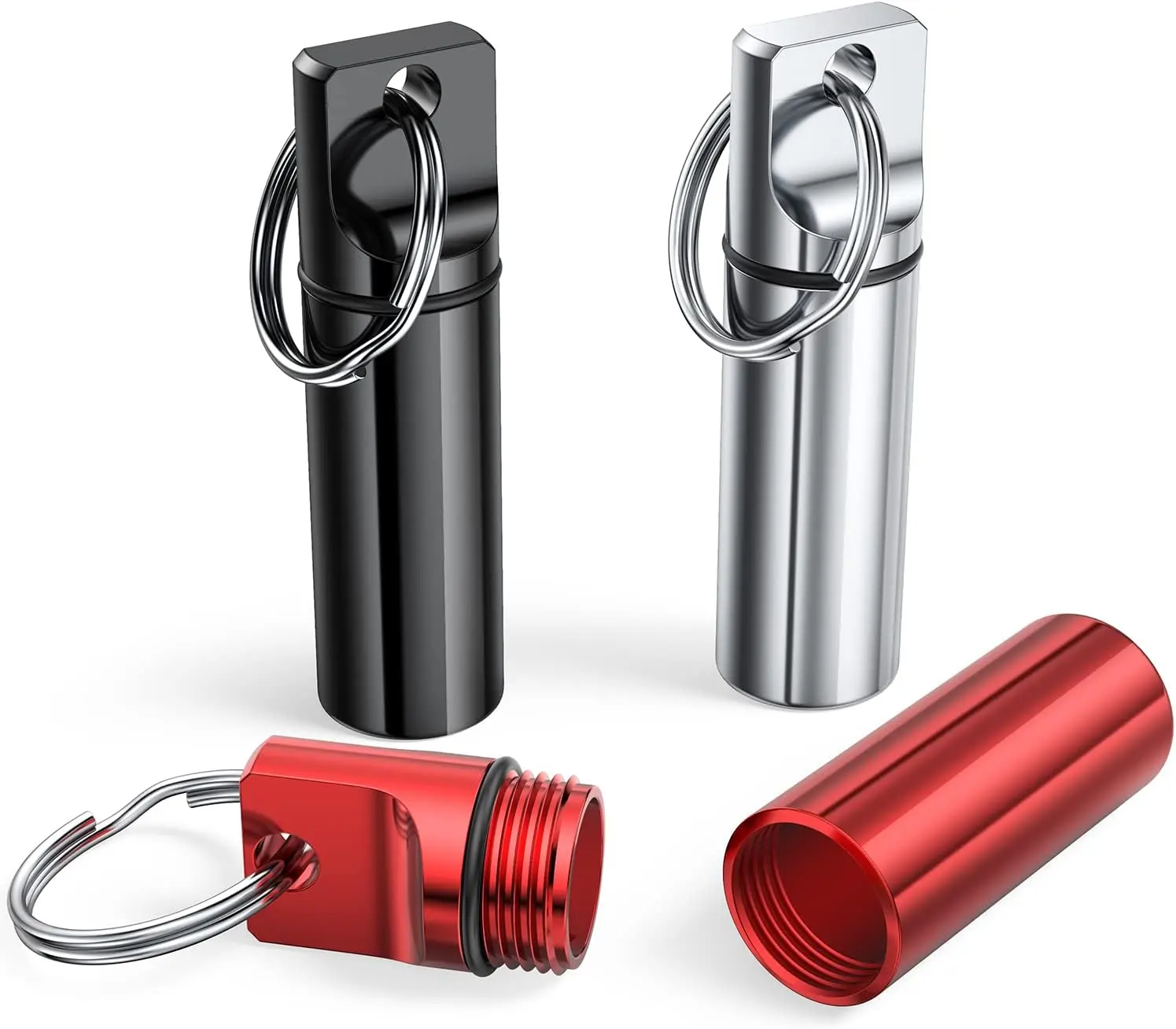 3-Pack Aluminium Alloy Small Portable Pill Box Keychain, Waterproof Mini Pill Organizer Container for Purse, Outdoor Camping Travel (Black+Silver+Red)