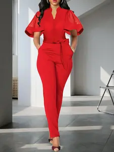Women's Plain Ruffle Trim Notched Neck Belted Fitted Jumpsuit, Elegant Chic Butterfly Sleeve Zipper Jumpsuit for Work Office Business, Ladies Spring & Fall Clothes