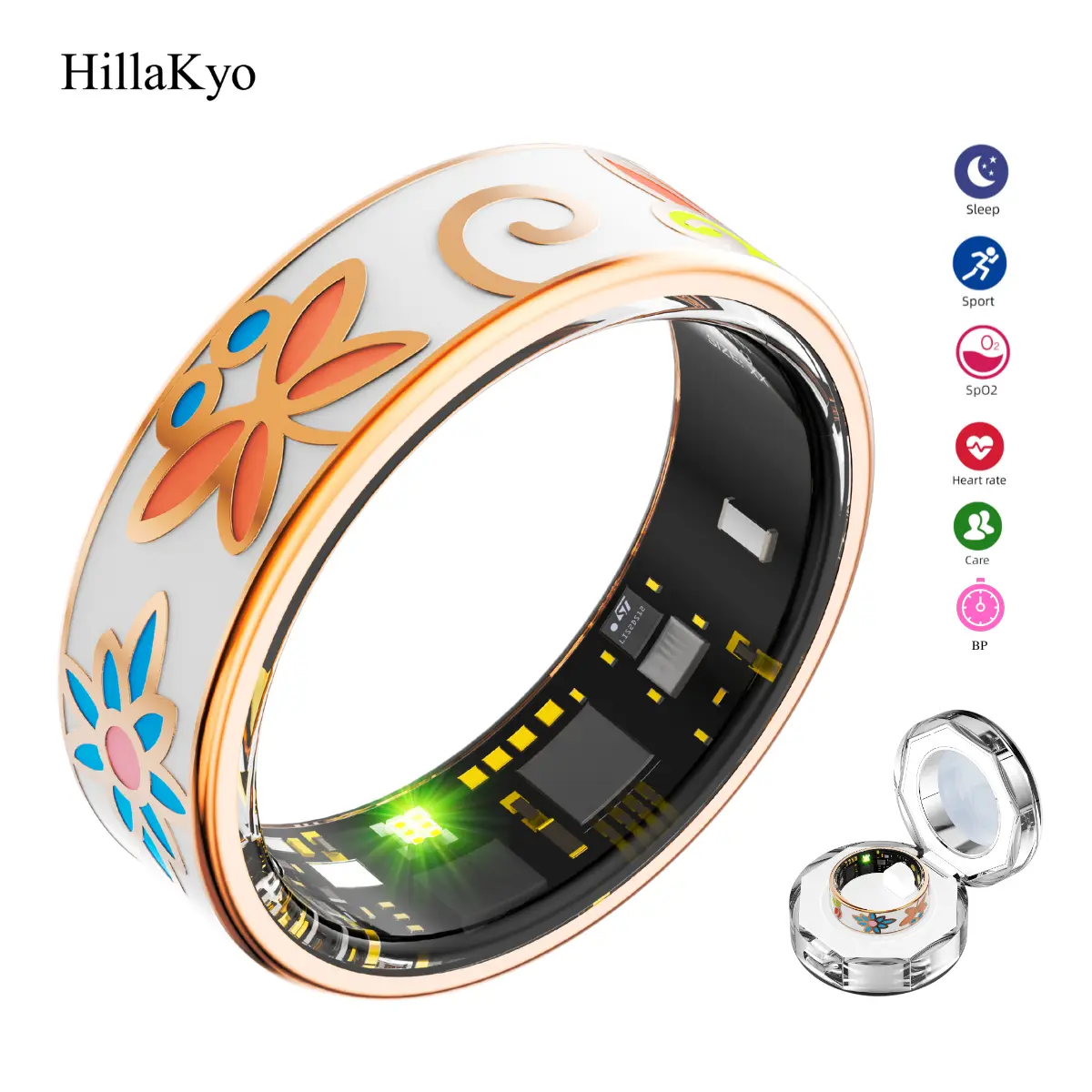 Hillakyo Women's Flora Enamel Smart Ring, Stylish Wellness Fitness Tracker, Sleep & Activity Heart Rate SpO2 BP Health Monitor, Step & Calorie Counter, 5-7 Days Battery Life, Crystal Charging Case, No Monthly Subscription, Ideal Birthday/Anniversary Gift