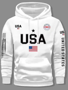 Unisex Hooded Fleece Sweatshirt, Usa Letter Graphic Print Design, Retro American Style, Trendy Casual Appeal, Casual Comfortable Loose Long Sleeve Hoodie for Fall & Winter