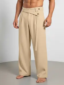Men's Casual Wide-Leg Pants, Light Blue British Style, Dual Button Waistband, Belted Design, Breathable Textured Fabric
