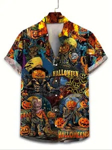 Men's Casual Halloween Pumpkin Print Hawaiian Shirt, Single Button Short Sleeve, Fitted Moderate Fabric, Summer & Fall Holiday Beachwear