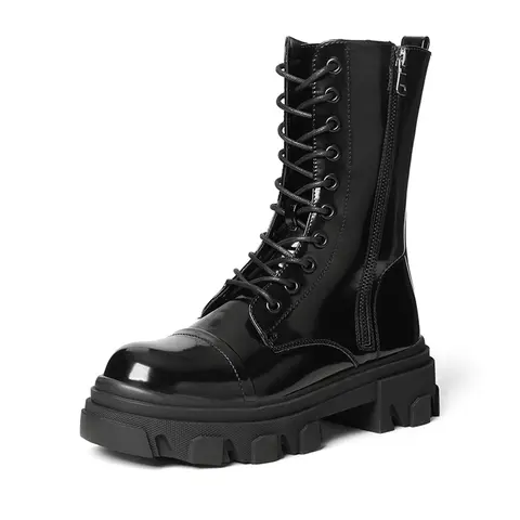 Dream Pairs Women's Stylish Soft Mid-Calf Casual Combat Boots - Smooth PU Leather, Lace-Up, Side Zipper, Chunky Platform, Low Heel, Round Toe, TPR Outsole, Compact Footwear - Easy Walking Shoes for Women, Pairs with Dresses, Skirts, Jeans