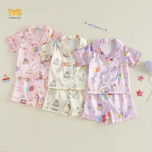 Toddler Girl Birthday Satin Cute Pajamas Set Balloon Cake Print Lapel Short Sleeve Button Down Tops With Shorts Sleepwear
