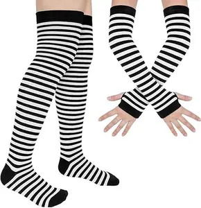 Womens Rainbow Socks Striped Knee High Socks Arm Warmer Fingerless Gloves Set