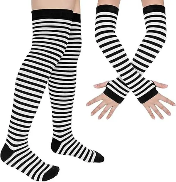 Womens Rainbow Socks Striped Knee High Socks Arm Warmer Fingerless Gloves Set