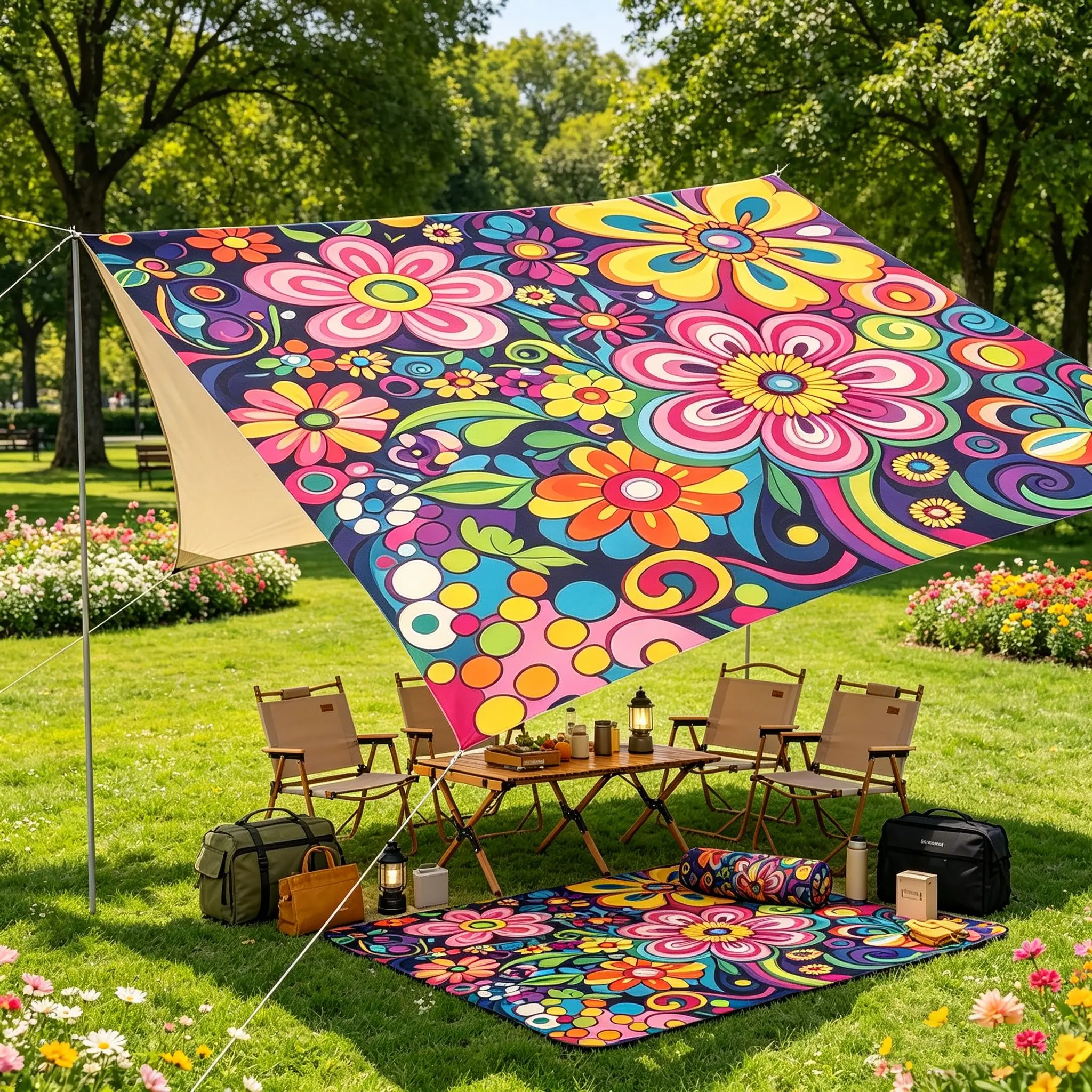 Bohemia Shade Sail Outdoor Sun Colorful Floral Patio Beach Shade Canopy Cloth Waterproof, Farmhouse Summer Botanical Tear Resistant & UV Protection Sun Sail for Backyard Garden Deck