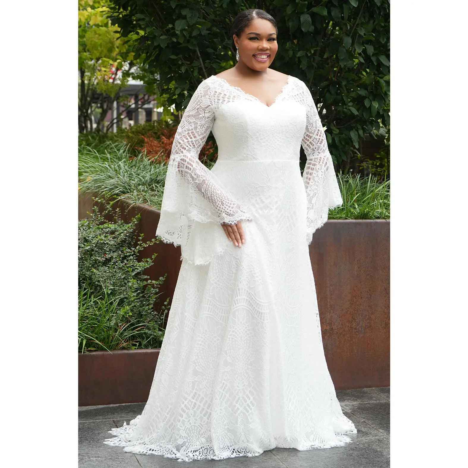 Corinne Boho Plus-Size Lace Wedding Dress with Bell Sleeves