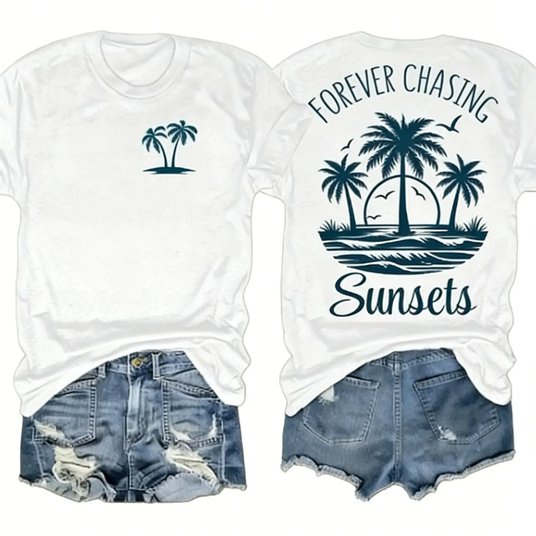 Women's Chasing Sunsets Graphic Short-Sleeve Sports Top, Casual Cotton-Blend Loose Drop Shoulder Round Neck Tee - Soft, Breathable, Comfortable Street Style for Everyday Wear, Refer to Size Chart
