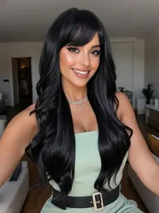 Long Black Layered Wig with Bangs for Women 26 Inch Long Wavy Synthetic Wigs Heat Resistant Hair for Daily Party Cosplay Use Synthetic Material Wigs