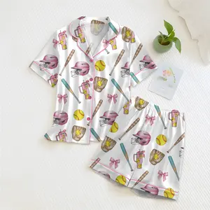 Women’s Pickle Lover Pink Bows Pajama Set, Sleepwear Gifts Nightwear Pajama Satin Long Pants, Noel Santa Gift For Her