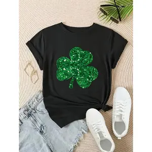 Clover Print T-Shirt, Casual Crew Neck Short Sleeve Top For Spring & Summer, Women'S Clothing