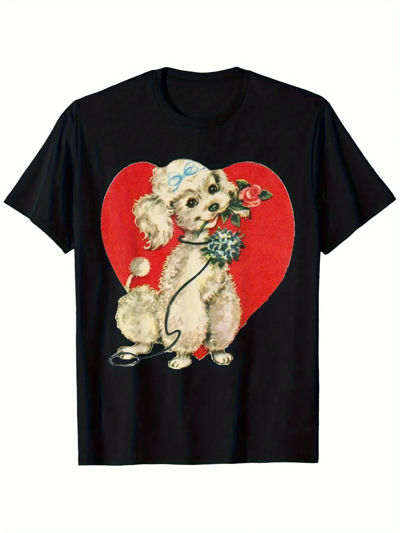 Poodle Puppy Dog Animal Heart Valentine'S Day T-Sh unisex soft cotton short sleeve t shirt, vintage graphic casual tee for men women teens, perfect birthday holiday gift for camping travel gym daily street  wear