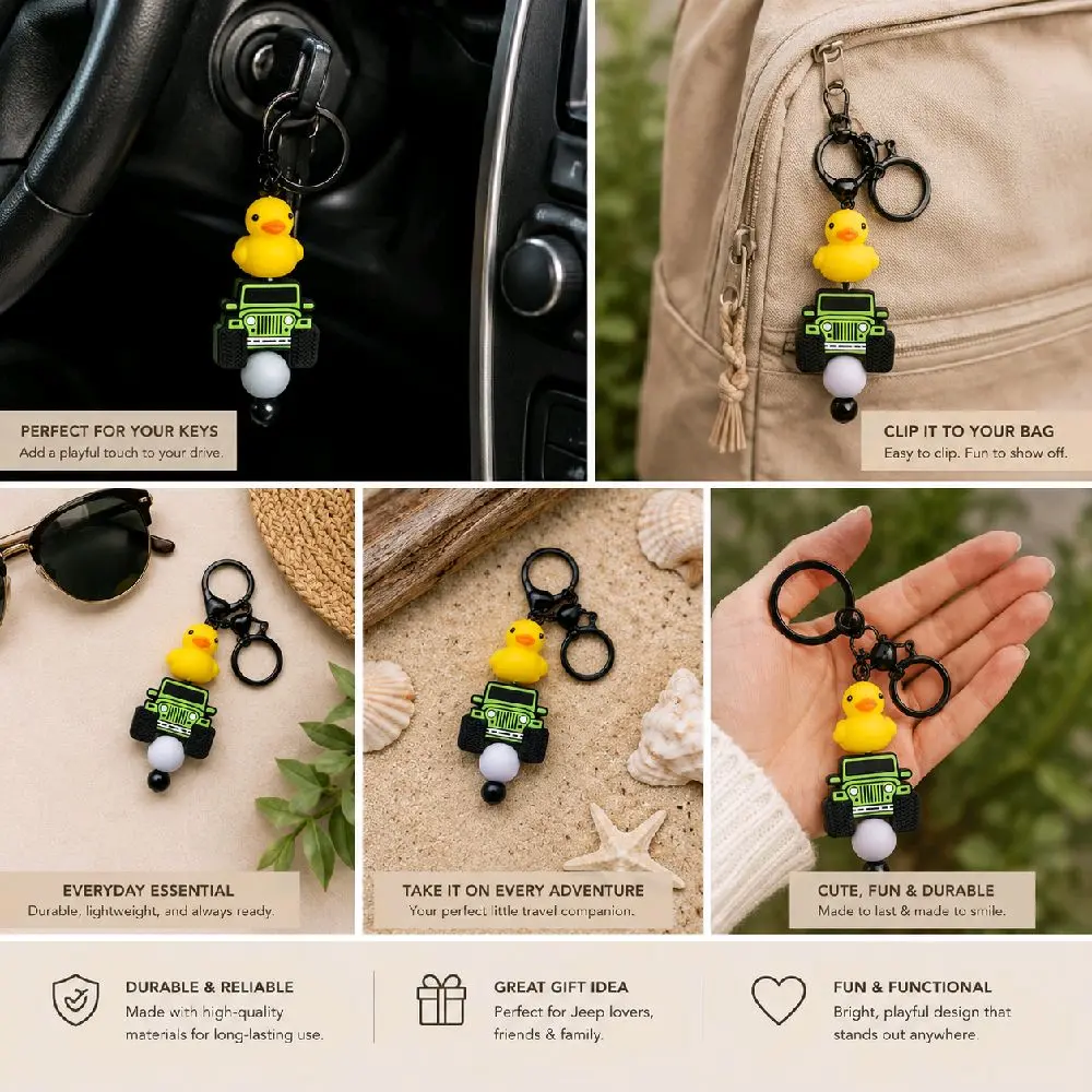 Green & White Bead with Duck & 4x4 Beaded Keychain | Cute 4x4 Lover Accessory | Handmade Silicone Bead Key Ring