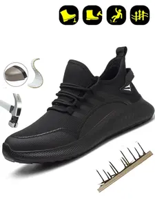 Men's Minimalist Lace Up Front Safety Shoes, Casual Comfortable Breathable Lightweight Soft Anti-smash & Anti-puncture Shoes, Fashionable Work Shoes for Daily Wear, Work Safety Sneakers, Steel Toe Trainers