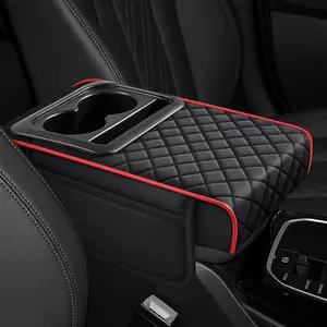 Hovom Car Center Console Cover, 13.39"*7.87"*2.76" Leather Armrest Cover for Cars, Memory Foam Armrest Pillow with Pocket, Cup Holder & Phone Slot, Universal Vehicle Arm Rest Cushion Pad (Black+Red)
