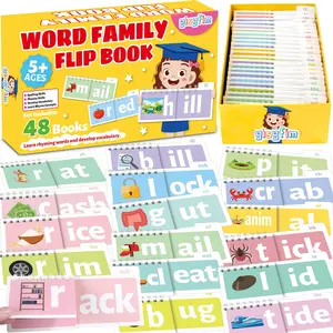 GISGFIM 48 Word Family Build Book Read and Rhyme Flip Activity Book ABC Vocabulary Flash Cards Kindergarten Sight Word Learning Activities Learn to Read Games for Kids Homeschool Supplies(Cartoon)