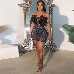 summer autumn clothes 2025 new Sexy Party Night Feathers Birthday Dress for Women Elegant Strapless Sheer Bodycon Dress