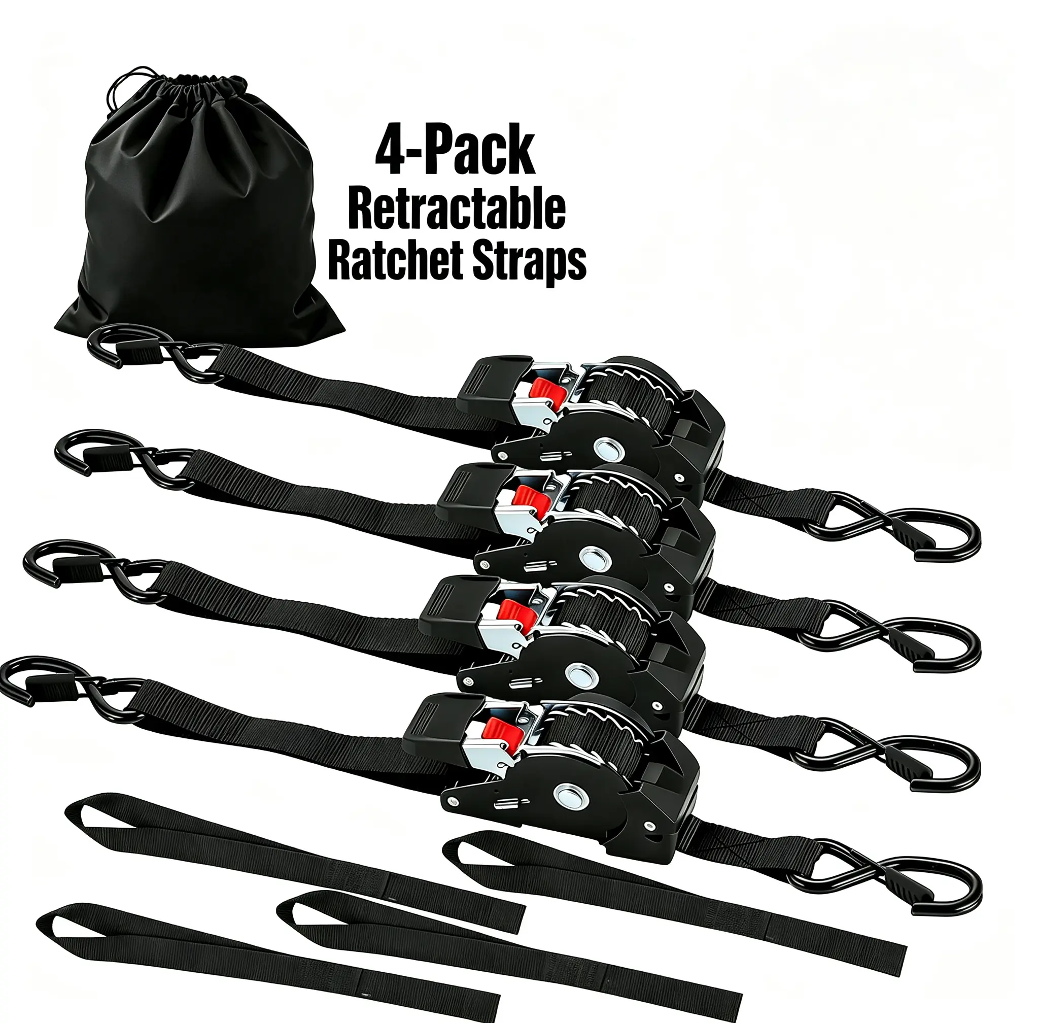 Retractable Ratchet Straps (4-Pack) - 1" x 10' (1540lb Break Strength) - Heavy Duty Auto Self Retracting Tie Down Straps for Truck, Trailer, Cargo Van, Motorcycle - Orange