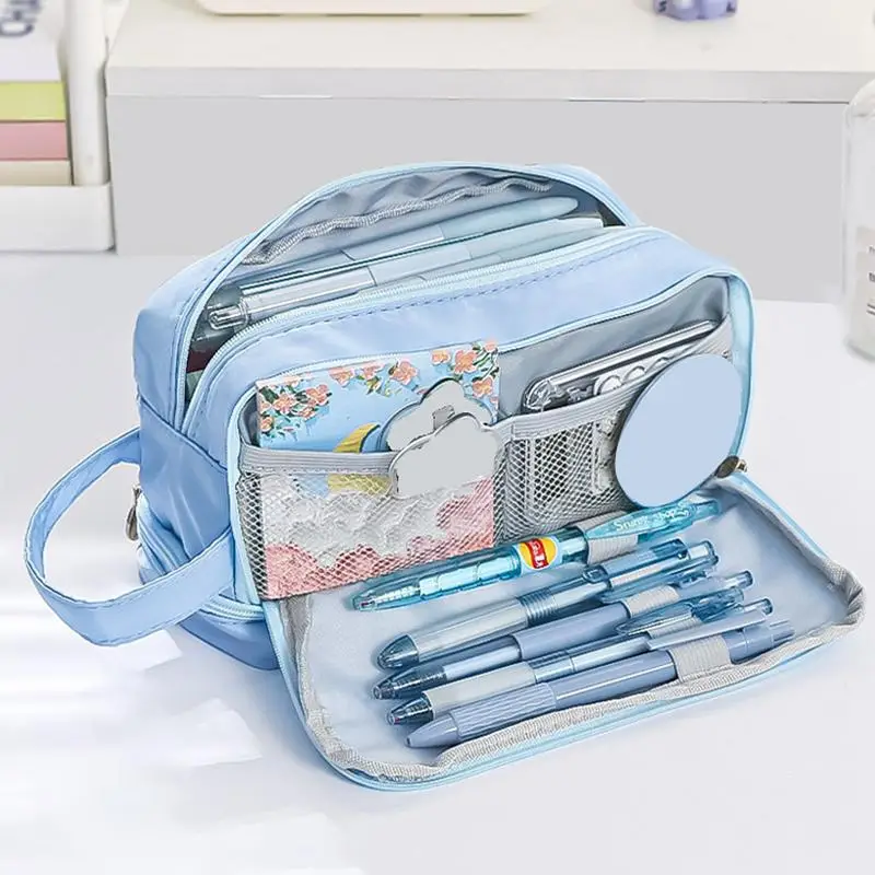 Large Capacity Double Layer Pencil Case with Zipper, 1 Count Portable Multi-grid Pencil Bag, Stationery Storage Supplies for Office School Student Tea