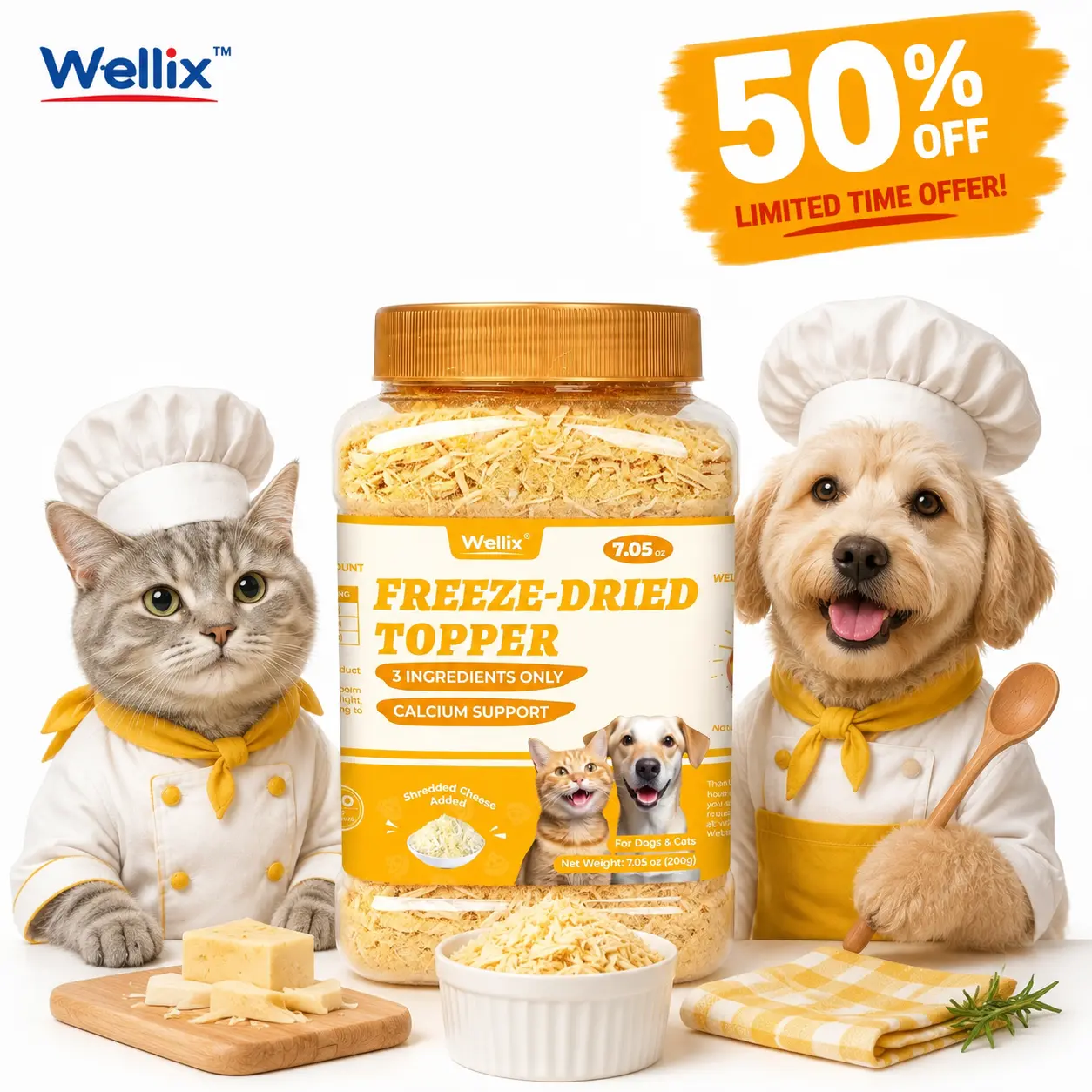 Wellix 7.05oz Cat & Dog Freeze-Dried Cheese Topper - Shredded Cheese for Dogs & Cats | 3 Natural Ingredients Only | Low Calorie | Supports Strong Bones, Muscle Health & Nutrient Absorption