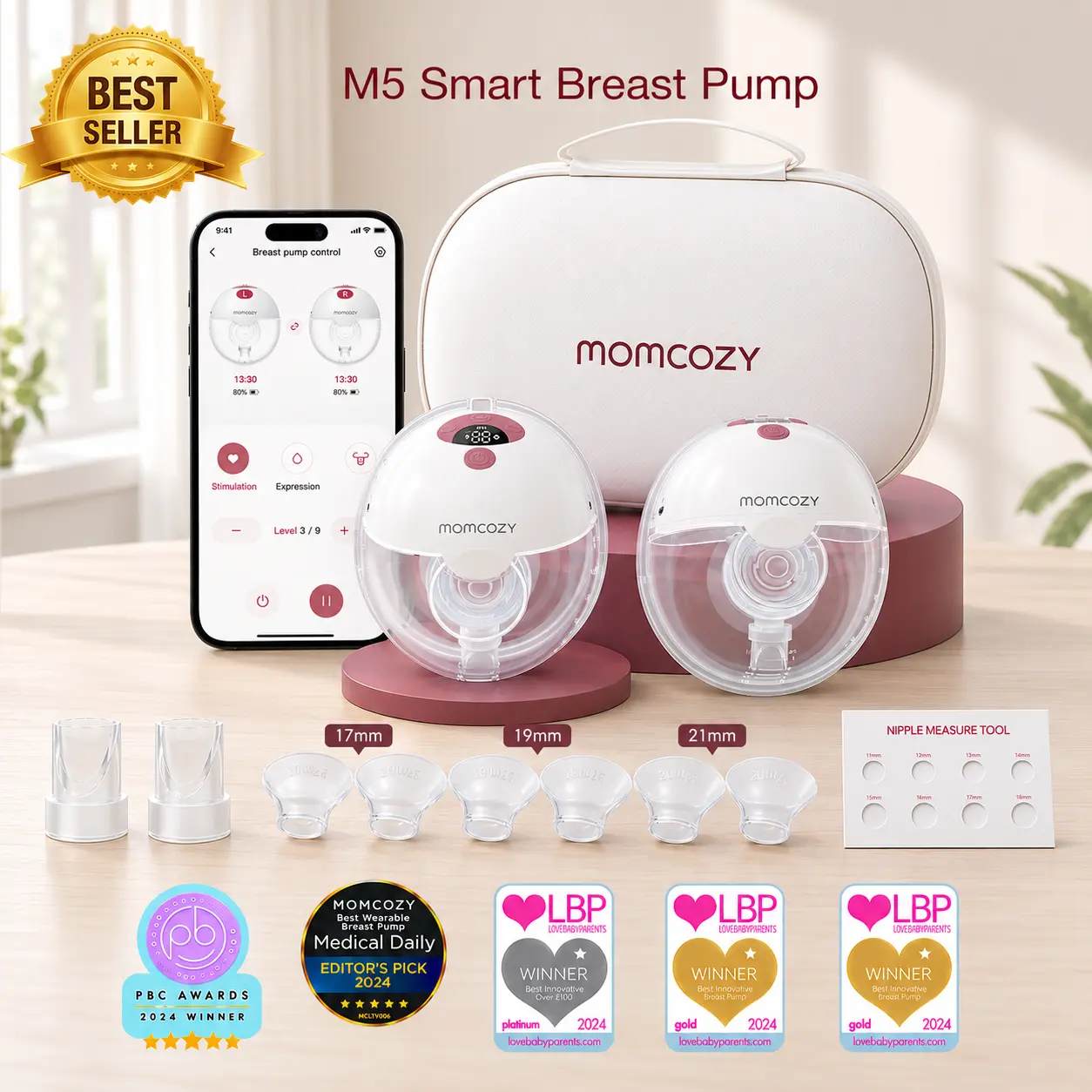 Momcozy M5 Smart APP & Non-APP Version Wearable Breast Pump, Hands-Free Wireless Electric Pump, 3 Modes 9 Suction Levels, BPA-Free, Portable Lightweight, 24mm Flange