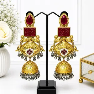 Kashmiri Style Earrings - Elegant Traditional Design for Weddings Parties Festive Wear Lightweight Gold & Black