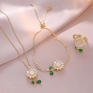 3PCS Jewelry Set, Green Leaf, Rotating Sunflower Zircon Necklace Ring Bracelet Fashion Suit Clavicle Chain
