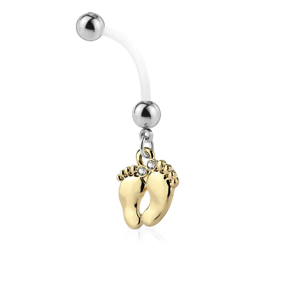 Bioflex Dangling Baby Feet Maternity Pregnancy Belly Button Ring - Stainless Steel