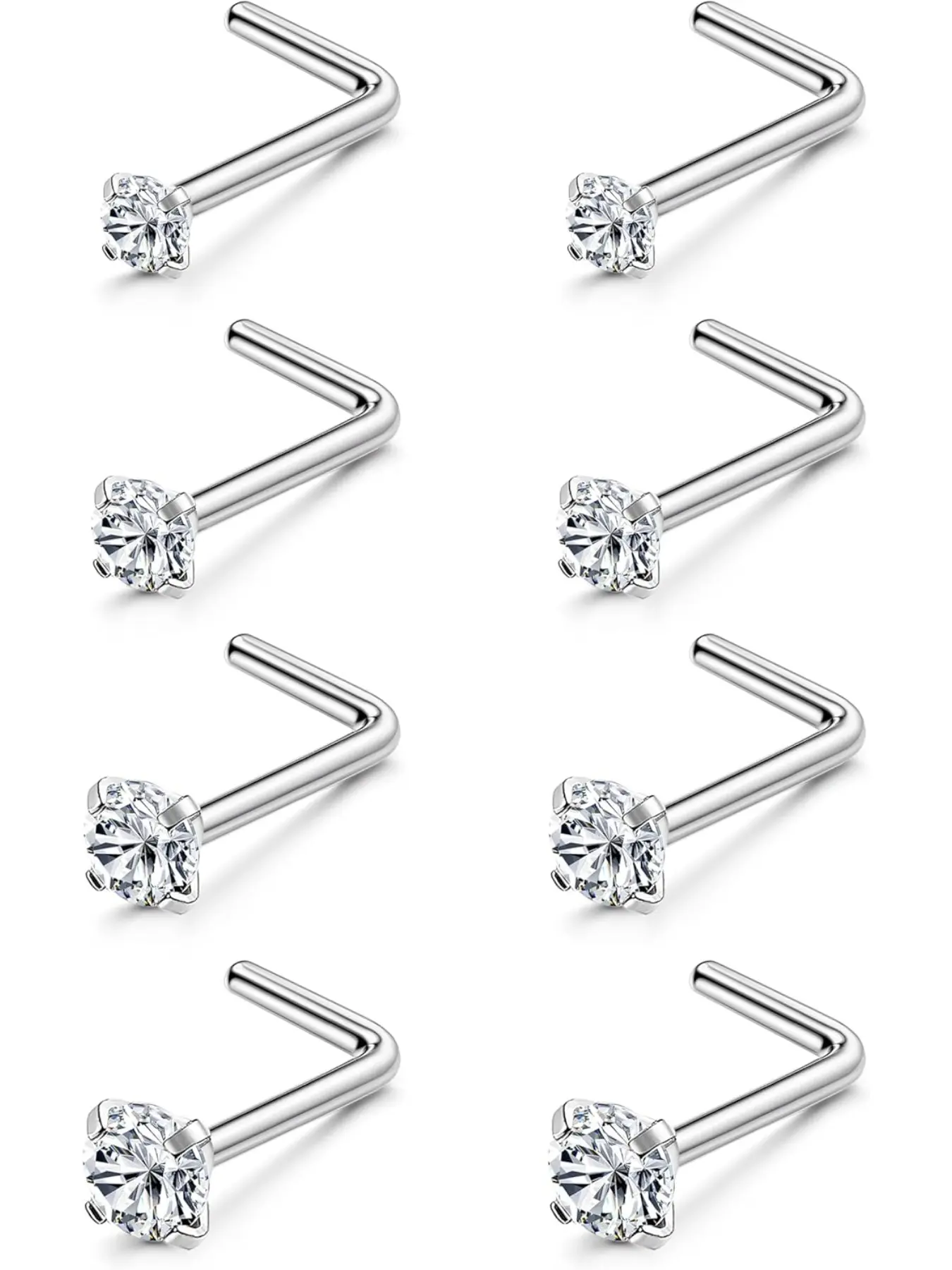 8pcs Titanium Nose Rings, 20g/18g Corkscrew & L Shape Studs, Diamond Cz, Silver Color &, Hypoallergenic, 1.5mm-3mm, Nose Rings Set, Nose Ring Jewelry, Nose Piercing Jewelry