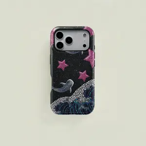 Black galaxy-themed sparkling dolphin and star pattern protective case, sturdy and durable 2-in-1 case, compatible with iPhone 17/16/15/14/13/12/11 Pro Max/Plus/Pro, Samsung Galaxy S25/S24/S23 Ultra series, simple and stylish phone case.
