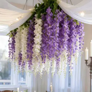 48 Pcs Artificial Wisteria Vine Hanging Flowers, 24 White & 24 Purple Fake Wisteria Garland, Thick Faux Hanging Vine for Wedding Party Home Garden Outdoor Floral Decoration