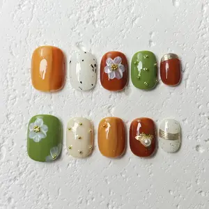 [Autumn Meadow] Short Square Handmade Press on Nails, Fake Nails with Nail tool kit with Jelly Stickers, Reusable, Durable