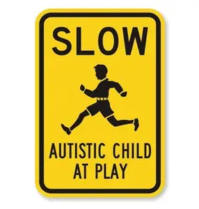 Metal Sign - Slow Autistic Child at Play Warning Sign - Aluminum - Indoor/Outdoor - 8x12 Inches