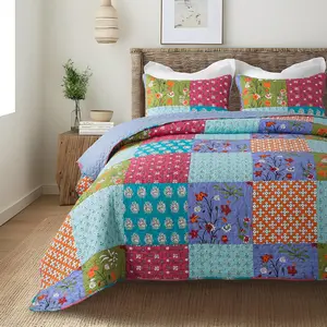 is Bright 3- Quilt Set -  Size with 2 Shams, Summer Lightweight Quilted Bedspread with Colorful Patchwork, Bohemian -Inspired Bedding for  Seasons