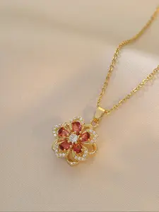 Elegant Copper Zirconia Pendant Necklace, Style Clover Flower Design, 360° Rotating Charm, Luxury Minimalist Jewelry, High End Necklace