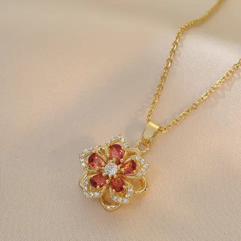 Elegant Copper Zirconia Fashion Pendant Necklace, Style Clover Flower Design, 360° Rotating Charm, Luxury Minimalist Jewelry, High End Necklace, Trendy Charm Necklace, Pendant Chain, Pendant With Zirconia