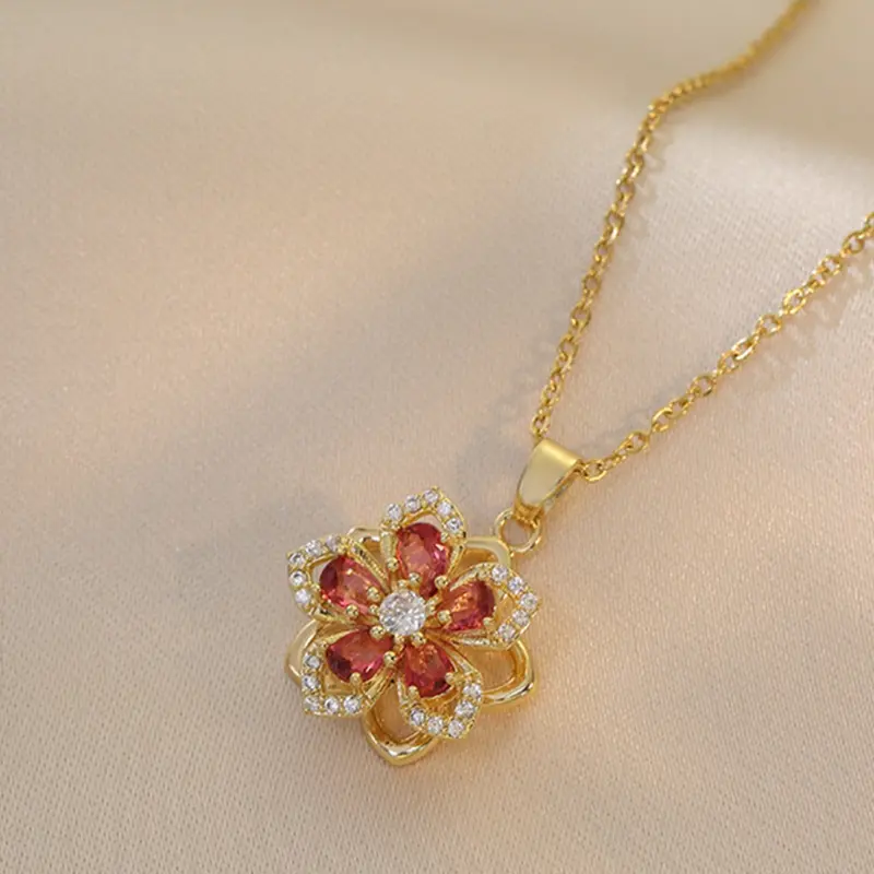 Elegant Copper Zirconia Fashion Pendant Necklace, Style Clover Flower Design, 360° Rotating Charm, Luxury Minimalist Jewelry, High End Necklace, Trendy Charm Necklace, Pendant Chain, Pendant With Zirconia