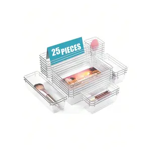 13/25pcs Drawer Storage Box Kit, Multifunctional Clear Plastic Drawer Organizer Set, Drawer Divider Organizers And Storage Box For Cosmatic,Vanity,Jewelry, Stationery, Home Organization, Office Supplies, Back To School Dorm Supplies Transparent