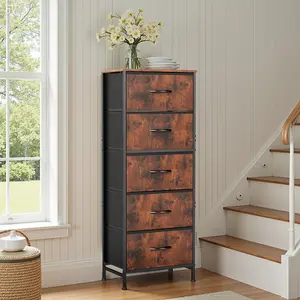 5-Drawer Fabric Dresser with Sturdy X-Frame Steel Frame, Wood Top and Fabric Bins, Rustic Brown Wood Grain Print, Storage Organization Furniture for Bedroom, Closet