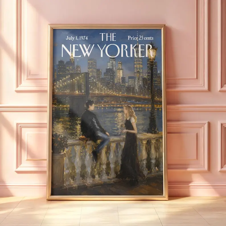 Vintage New Yorker Poster, Retro Brooklyn Bridge Night Romance Print, NYC Skyline Couple Wall Art, Mid-Century Magazine Cover, Romantic Art