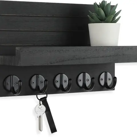 Key Holder for Wall, Decorative Key and Mail Holder with Shelf Has Large Hooks for Bags, Coats, Umbrella – Paulownia Wood Key Hanger with Mounting Hardware (9.8”W x 6.7”H x 4.2”D) Lightweight Dog Friend Room Wooden Hanging
