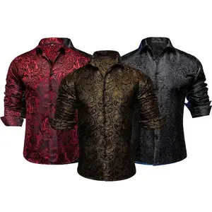3 Pack Luxury Formal Casual Men Paisley Floral Anti-Wrinkle Dress Breathable Anti-Wrinkle Slim Long Cufflinks Cotton Cloth Men Shirt Business Top Wedding Party Menswear Gamis Brown + Blue + Black Tropical Polyester Fashion