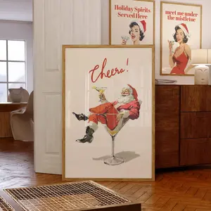 Funny Retro Christmas Wall Art, Cheers Santa Claus Poster, Vintage Holiday Cocktail Print, Santa Martini Bar Cart Decor